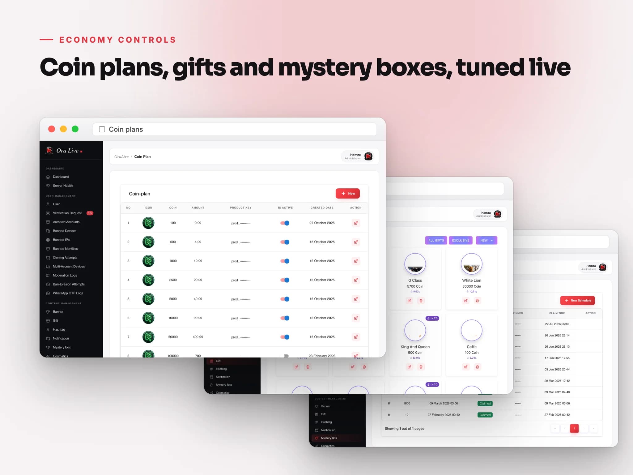 Ora Live admin board: coin plan table, gift catalogue, and mystery box claims
