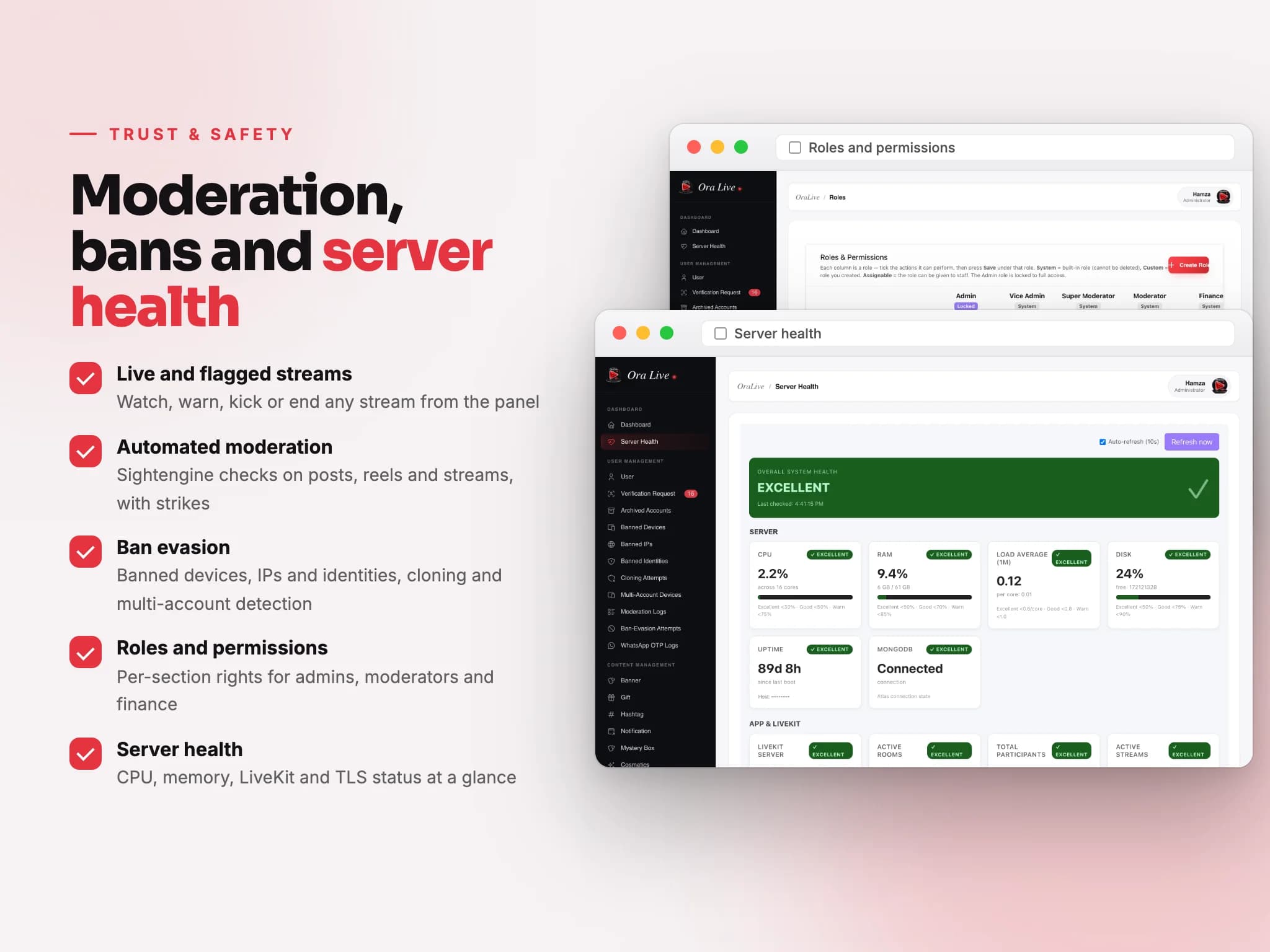 Ora Live admin board: roles and permissions and the server health page, with a list of trust and safety tools