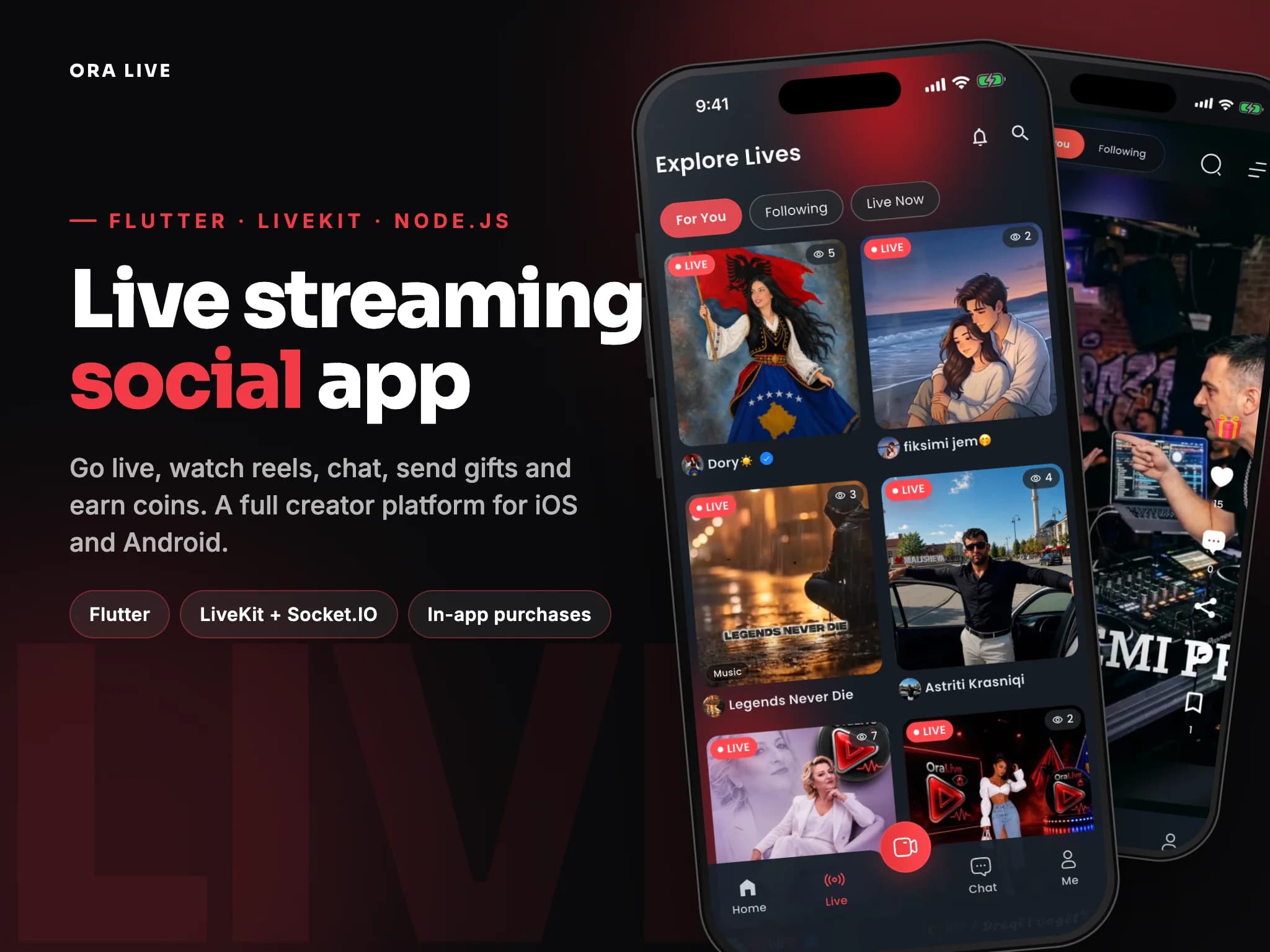 Ora Live board: two phones showing the Explore Lives grid and a live DJ stream
