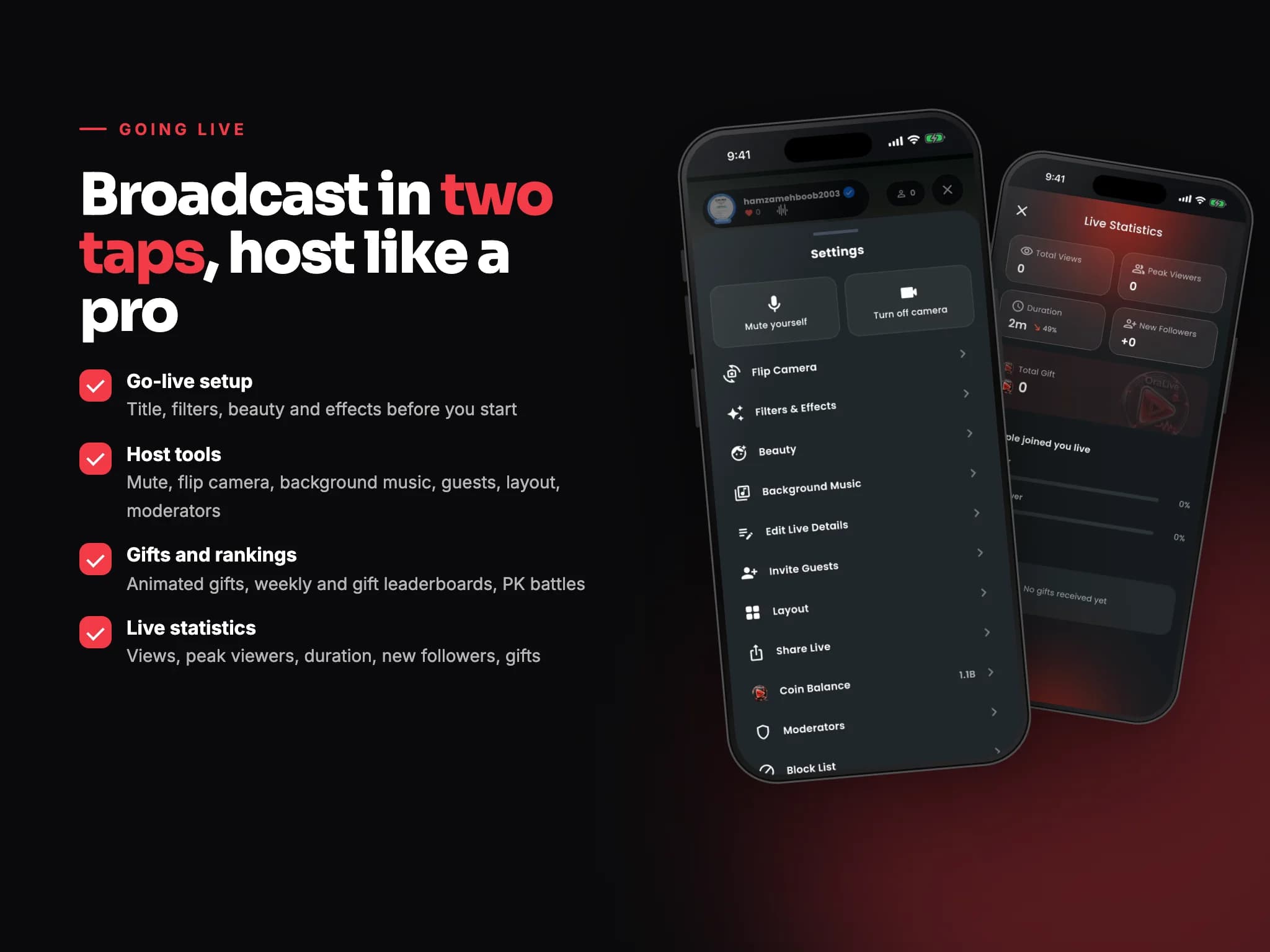 Ora Live board: host settings with mute, camera, filters, beauty, music, guests, layout, and moderators, next to the live statistics screen