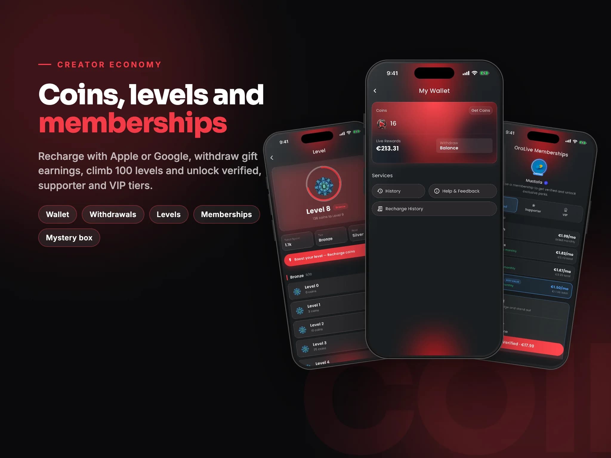 Ora Live board: the wallet, the 100-level progression screen, and membership tiers