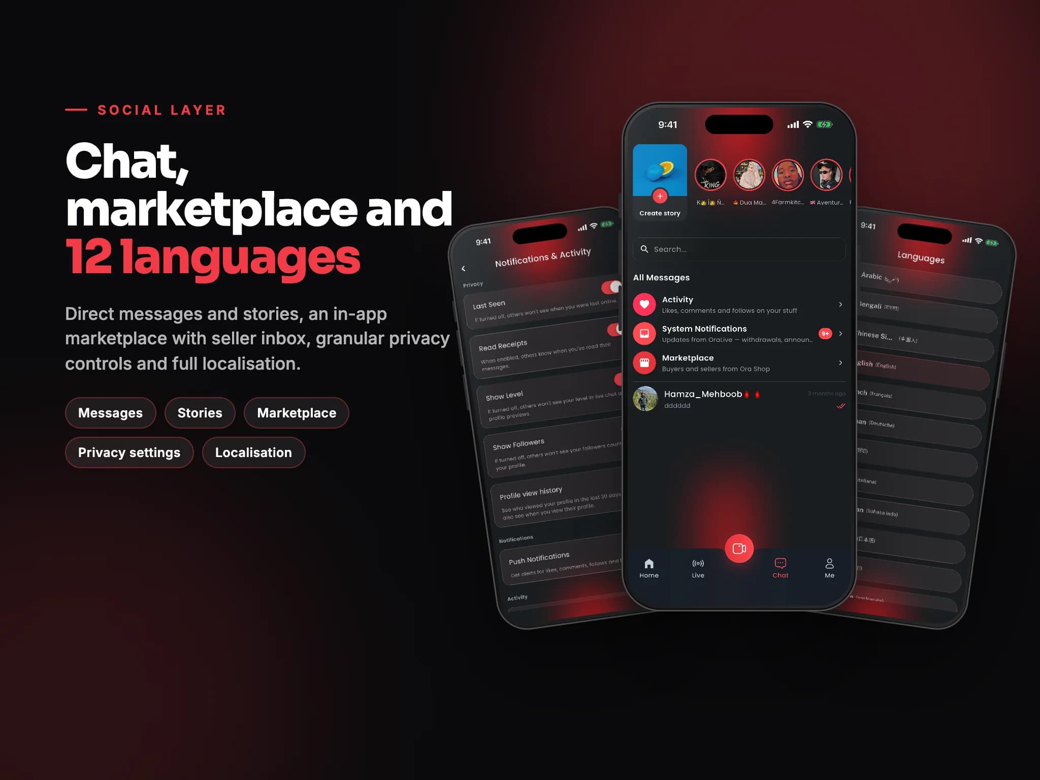 Ora Live board: privacy settings, the messages inbox with stories, and the language picker