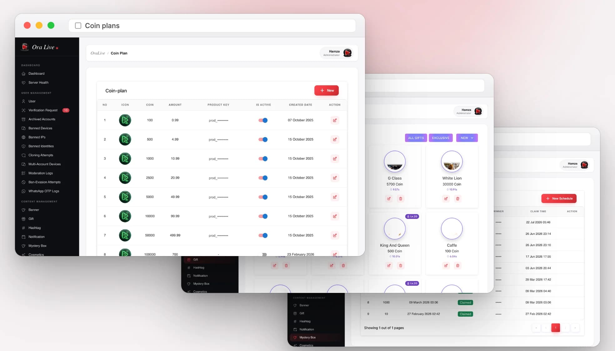Three Ora Live admin console windows: the coin plan table, the gift catalogue, and mystery box claims