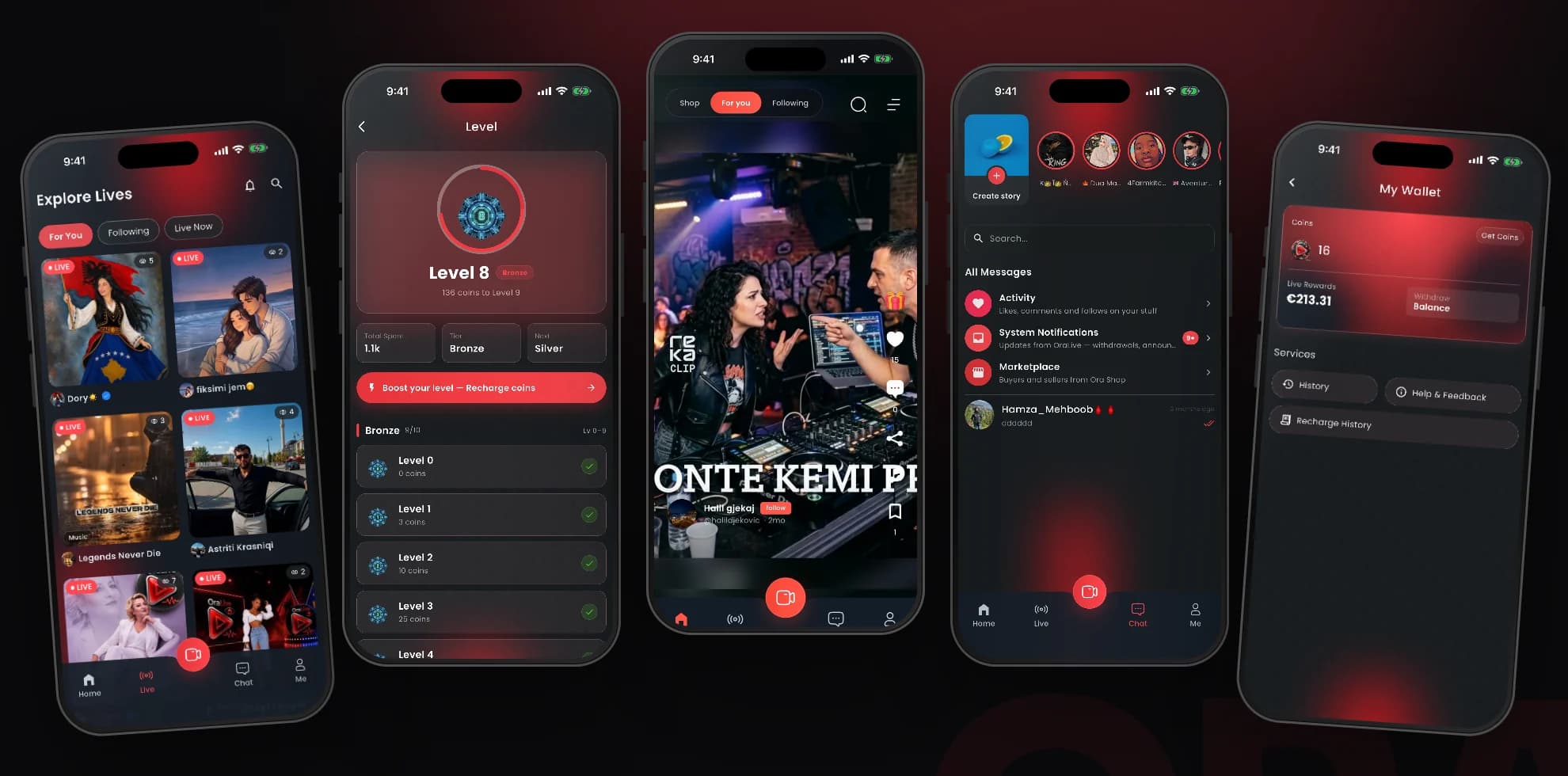 Five Ora Live app screens fanned out: explore lives, the level screen, a live DJ stream, messages, and the wallet